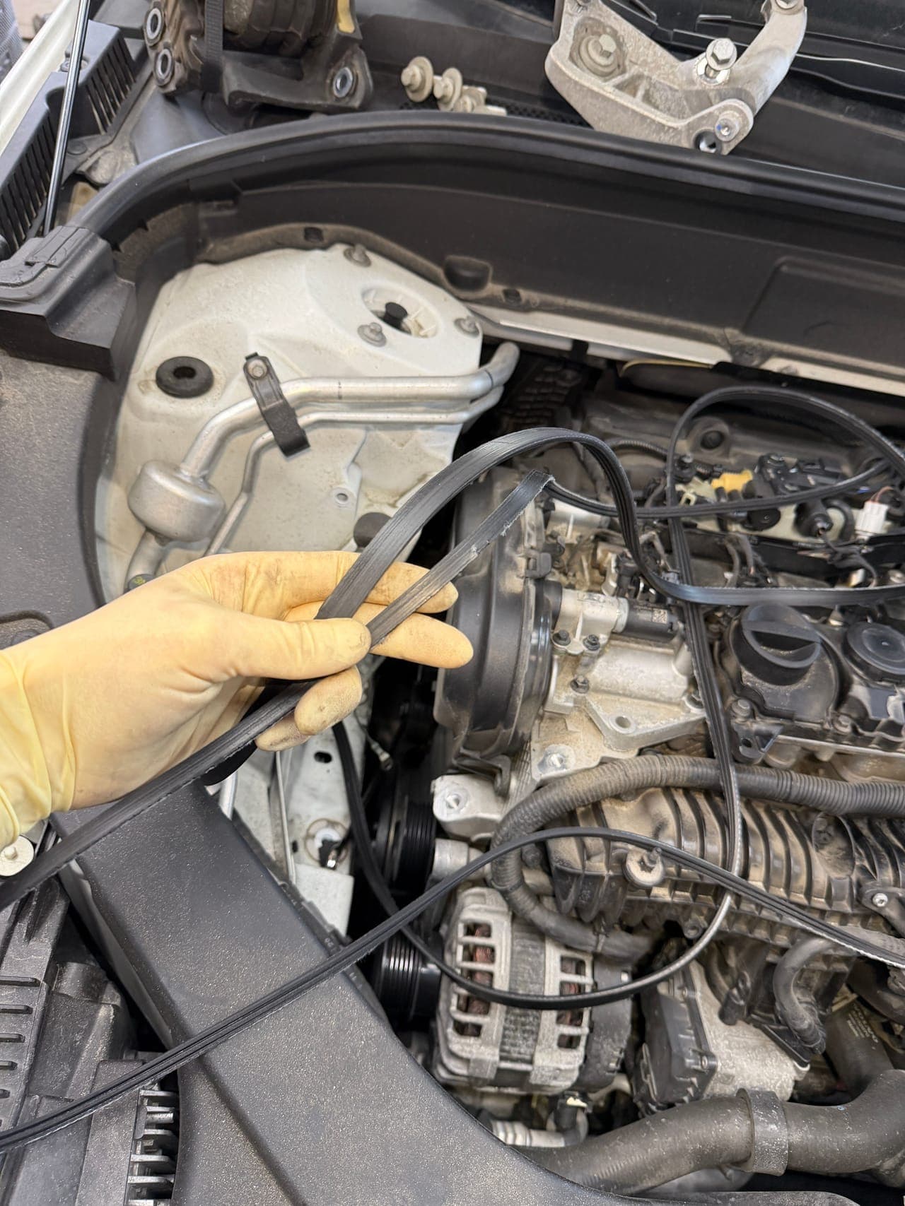 Engine bay detail during repair.