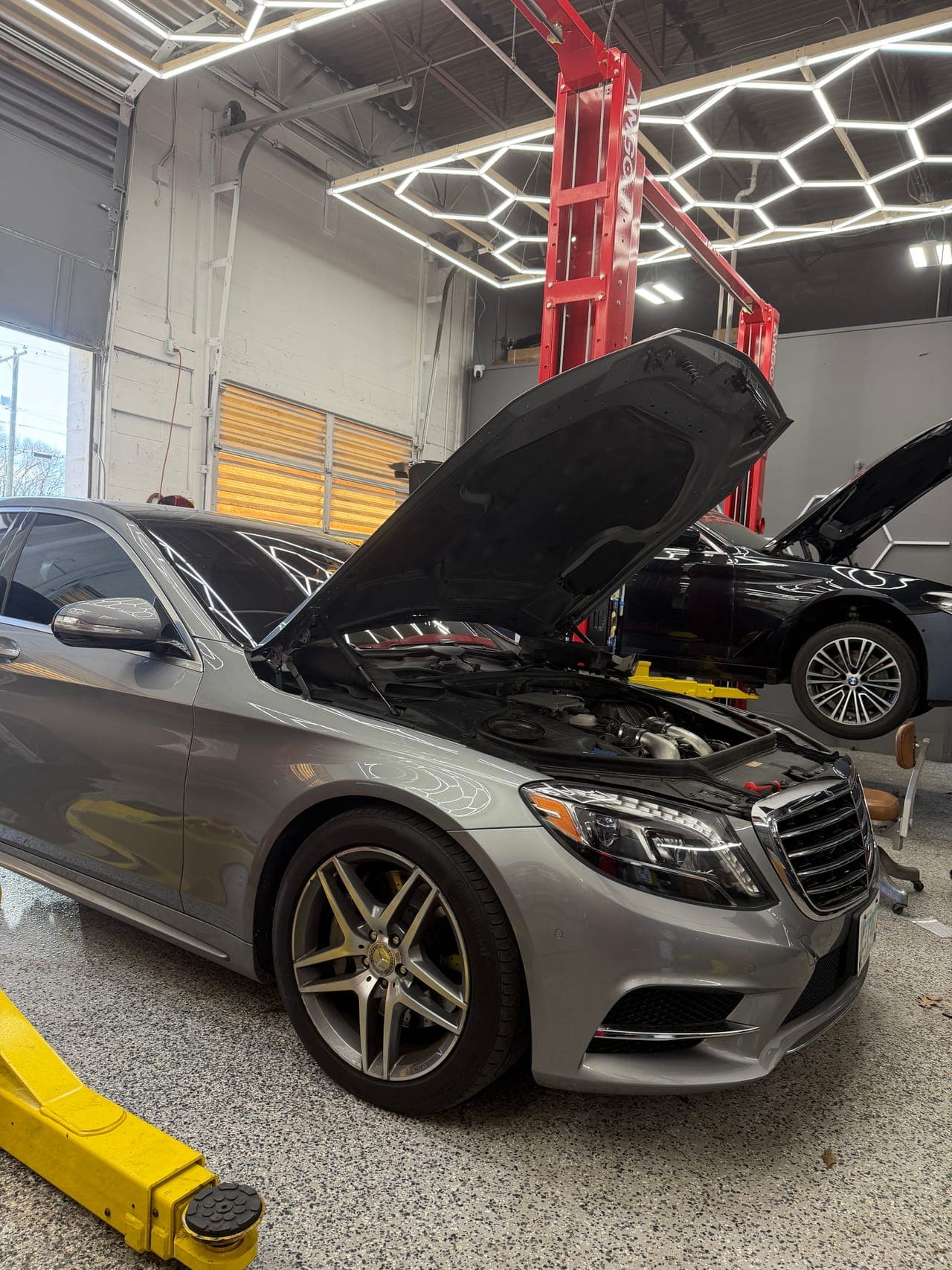Engine bay during an involved repair.